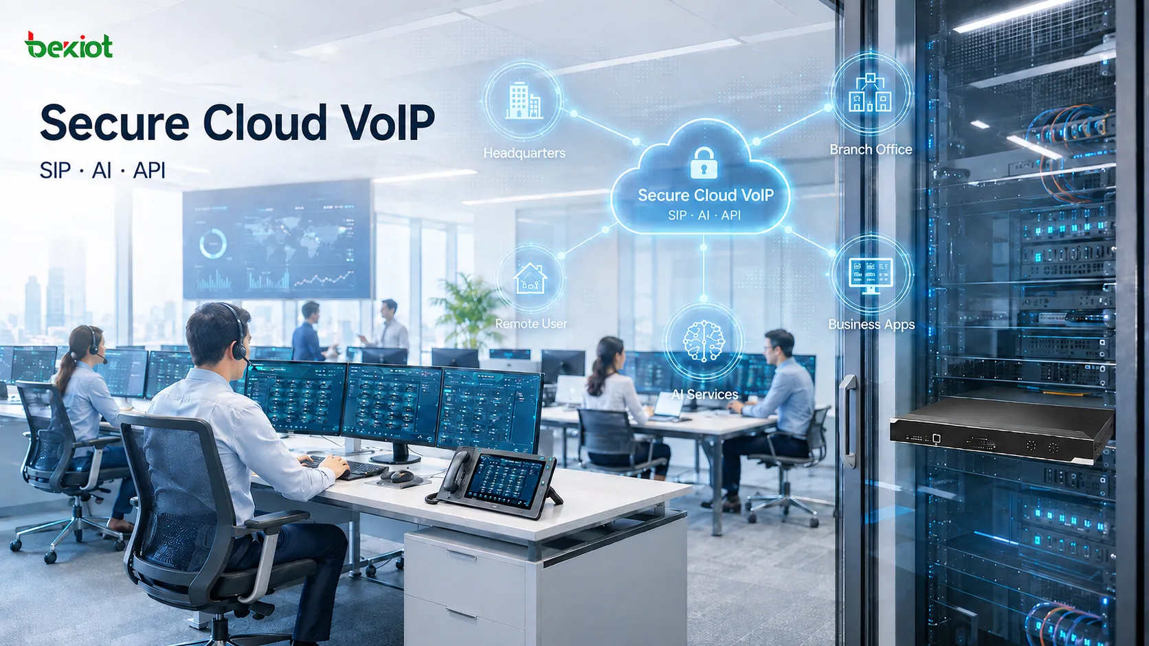 بنية تعاون VoIP للمؤسسات تدمج اتصالات SIP متعددة القنوات ومحطات Soft Turret والنسخ النصي بالذكاء الاصطناعي وتطبيقات الأعمال والخدمات السحابية الآمنة في سير عمل واحد