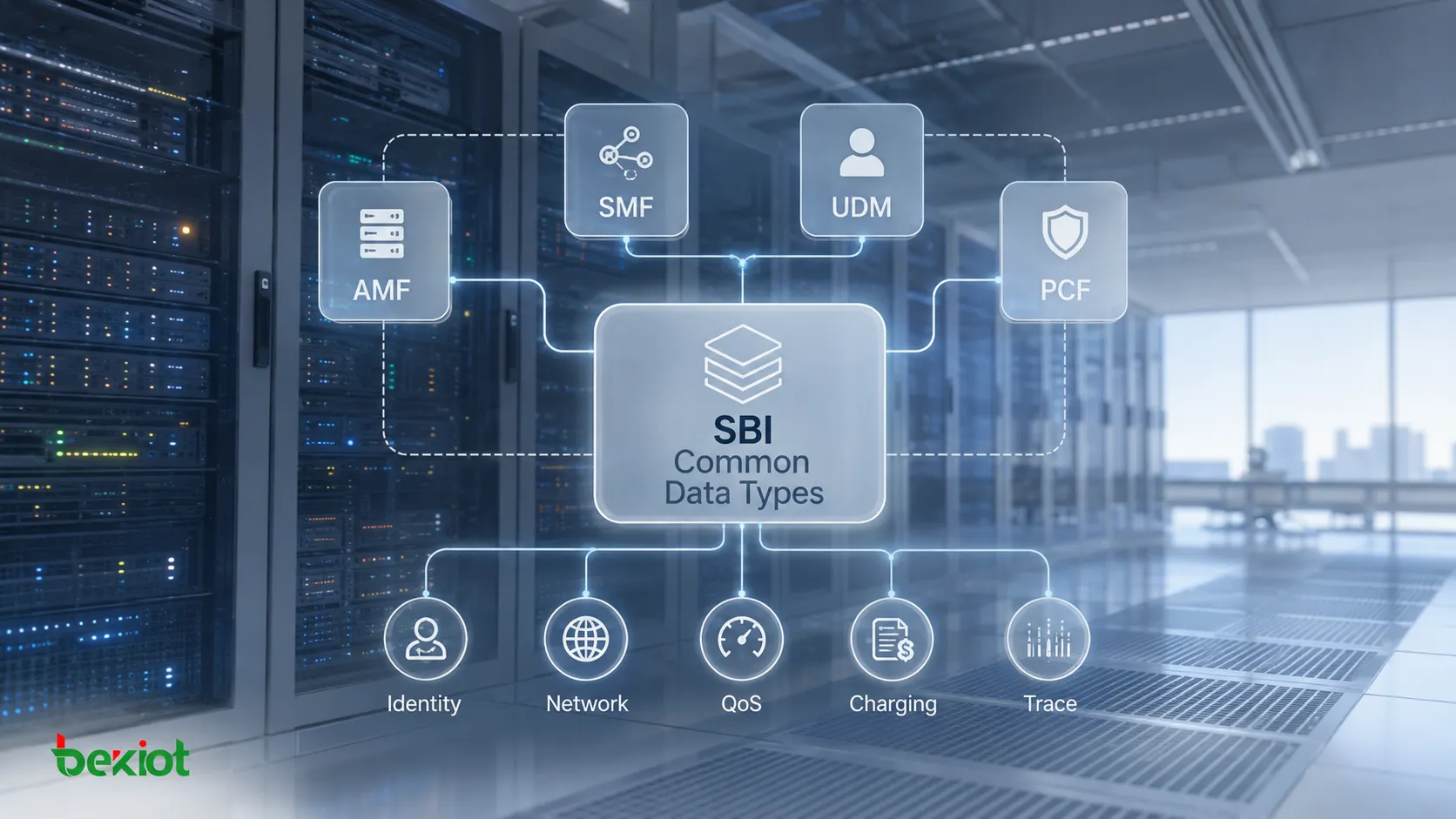 أنواع البيانات المشتركة في SBI لنواة 5G التي تتشاركها AMF وSMF وUDM وPCF للمعرّفات ومعلومات الشبكة وQoS والفوترة ومعلمات التتبع