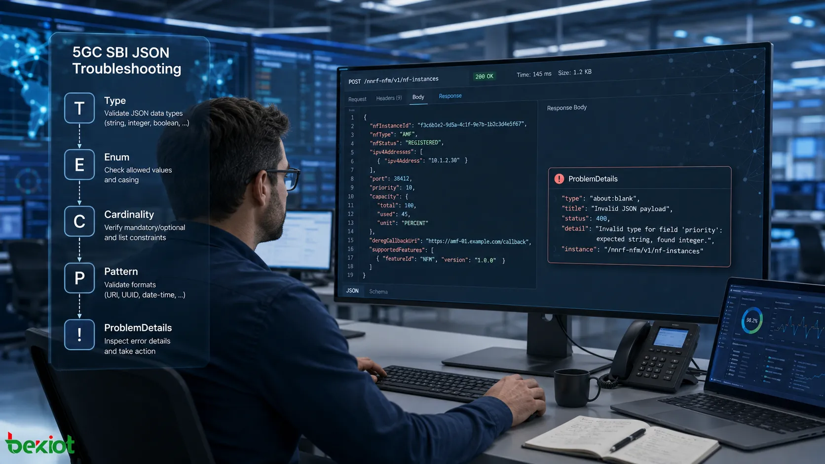مهندس 5GC يستكشف أخطاء رسائل SBI بصيغة JSON عبر فحص موارد API وأنواع الحقول وقيم التعداد وCardinality وقيود التنسيق وProblemDetails