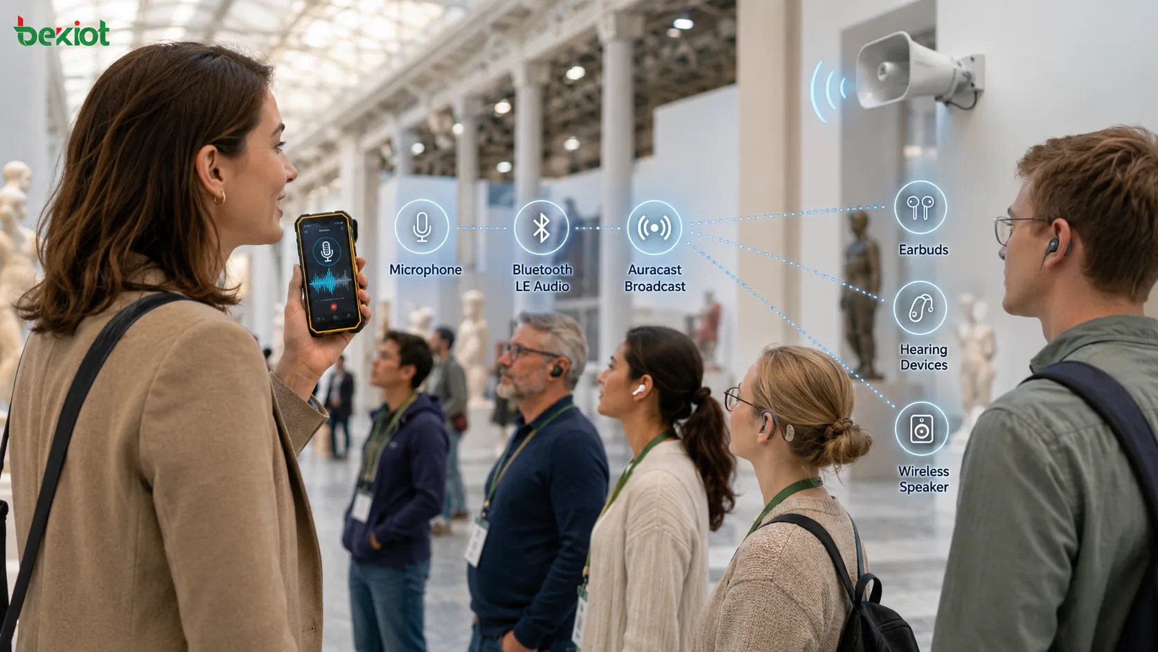 ميكروفون هاتف ذكي يبث الصوت المباشر عبر Bluetooth LE Audio وAuracast إلى عدة سماعات أذن وأجهزة مساعدة سمعية ومكبرات صوت لاسلكية قريبة