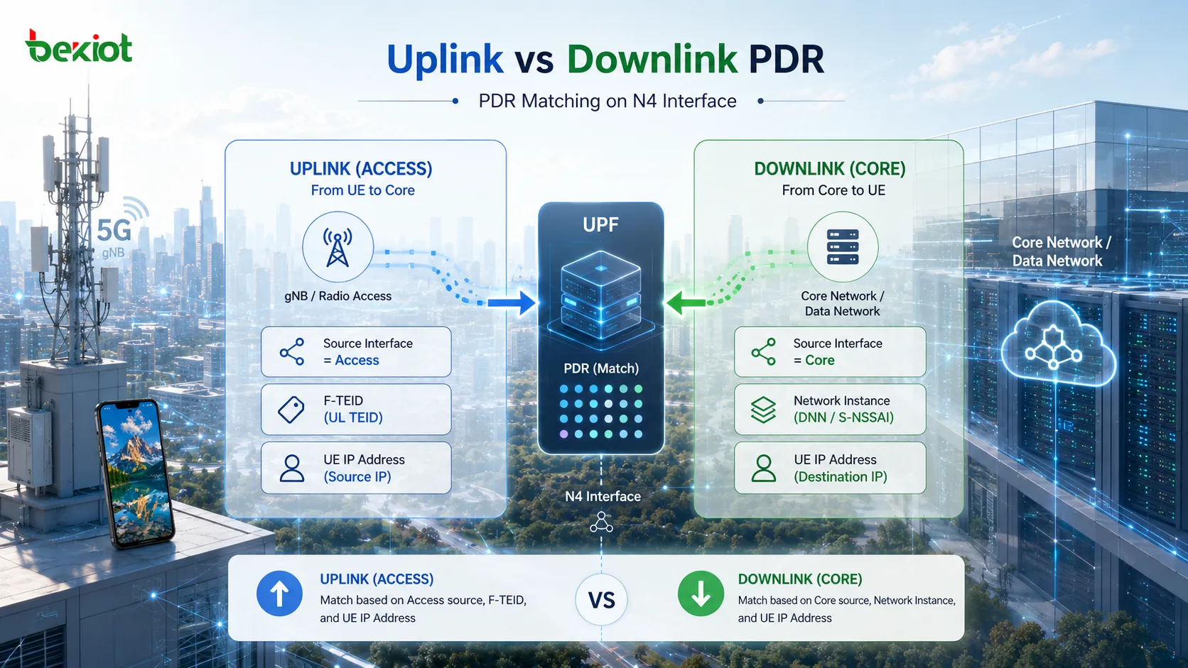 PDR للـuplink من جهة Access وPDR للـdownlink من جهة Core مع المطابقة وفق F-TEID وNetwork Instance وUE IP Address على واجهة N4