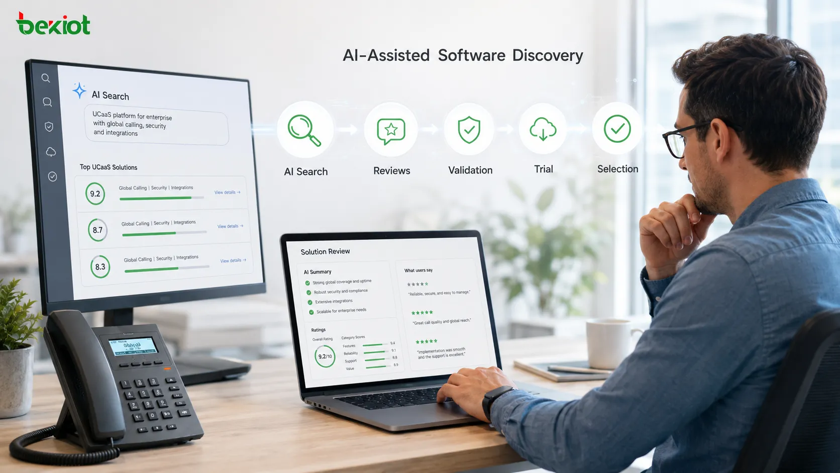 رحلة شراء UCaaS بمساعدة الذكاء الاصطناعي من اكتشاف البرمجيات ومراجعات الجهات الخارجية إلى التحقق التقني والتجربة والاختيار النهائي للمزود