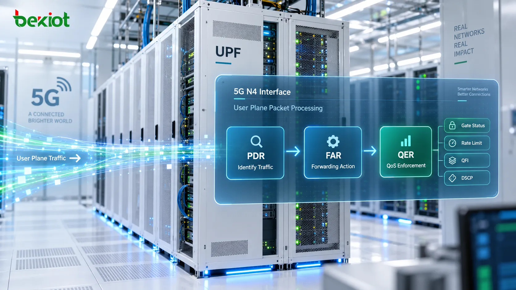 معالجة الحزم على واجهة N4: تستخدم UPF قاعدة PDR لتحديد المرور، وFAR لتحديد التوجيه، وQER لتطبيق التحكم في البوابة وحدود المعدل وسياسة QoS