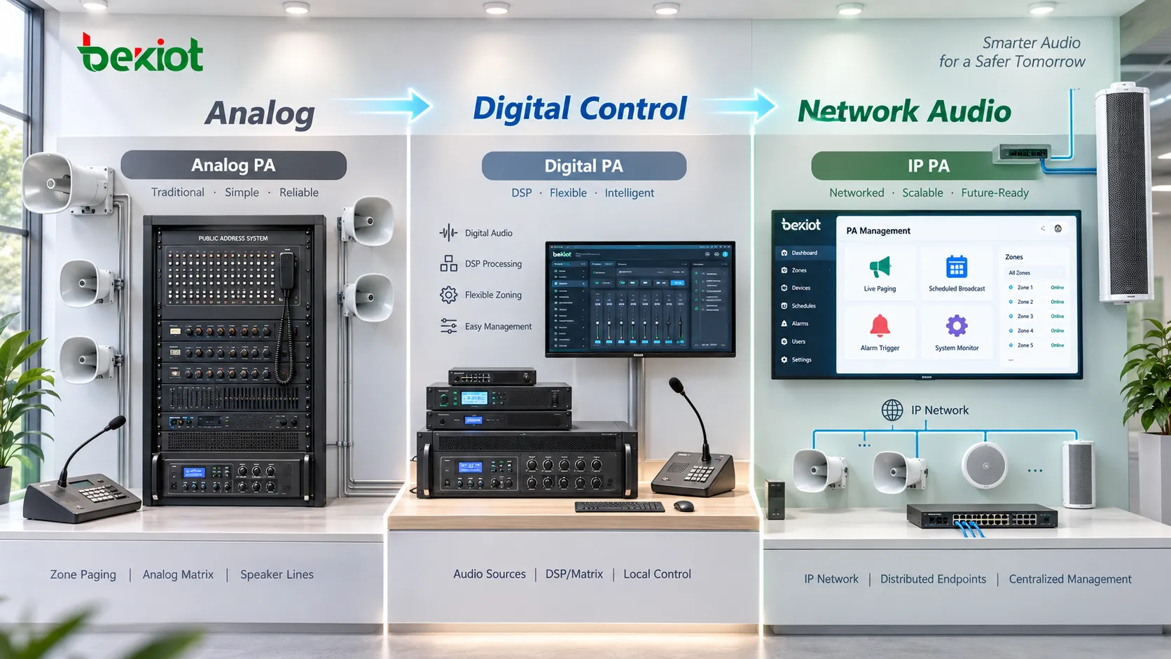 مقارنة تطور النداء العام من المصفوفات التماثلية والمضخمات المركزية 100V إلى تحكم DSP الرقمي وخوادم PA وشبكات Ethernet وأطراف الصوت IP الموزعة