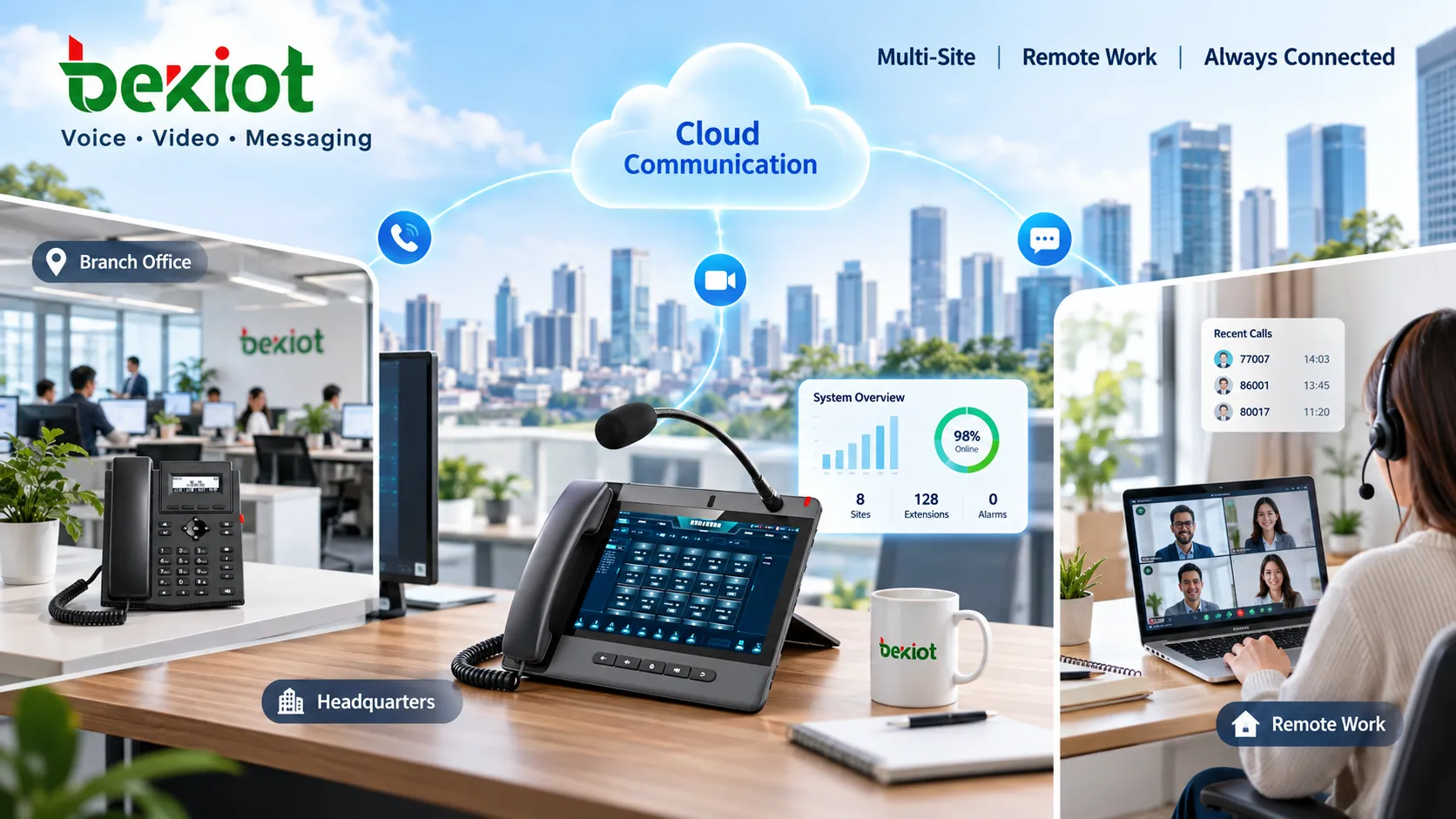 انتقال اتصالات الأعمال من خطوط PSTN ثابتة وهواتف مكتبية إلى منصة VoIP تدير مركزيًا أرقام الشركة وهواتف SIP وأجهزة الكمبيوتر والأجهزة المحمولة