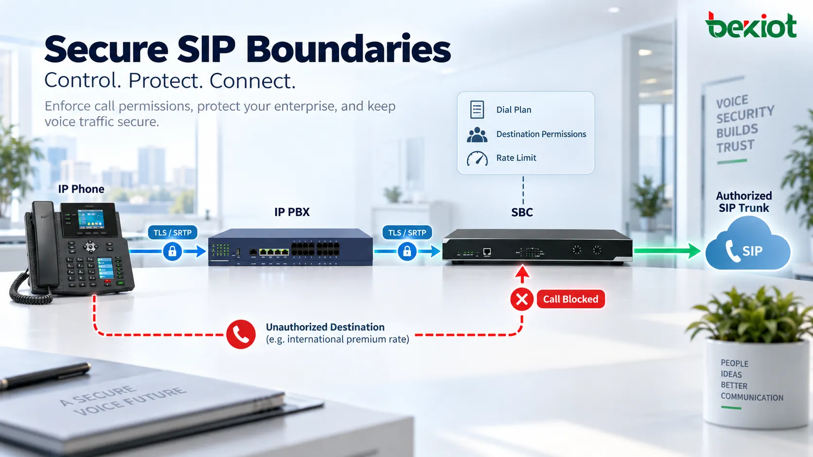 أمن VoIP للمؤسسات باستخدام ضوابط SBC وخطط الاتصال وأذونات الوجهات وتوجيه وصلات SIP وحدود المكالمات لتقييد حركة الصوت الخارجية وتقليل مخاطر احتيال رسوم المكالمات