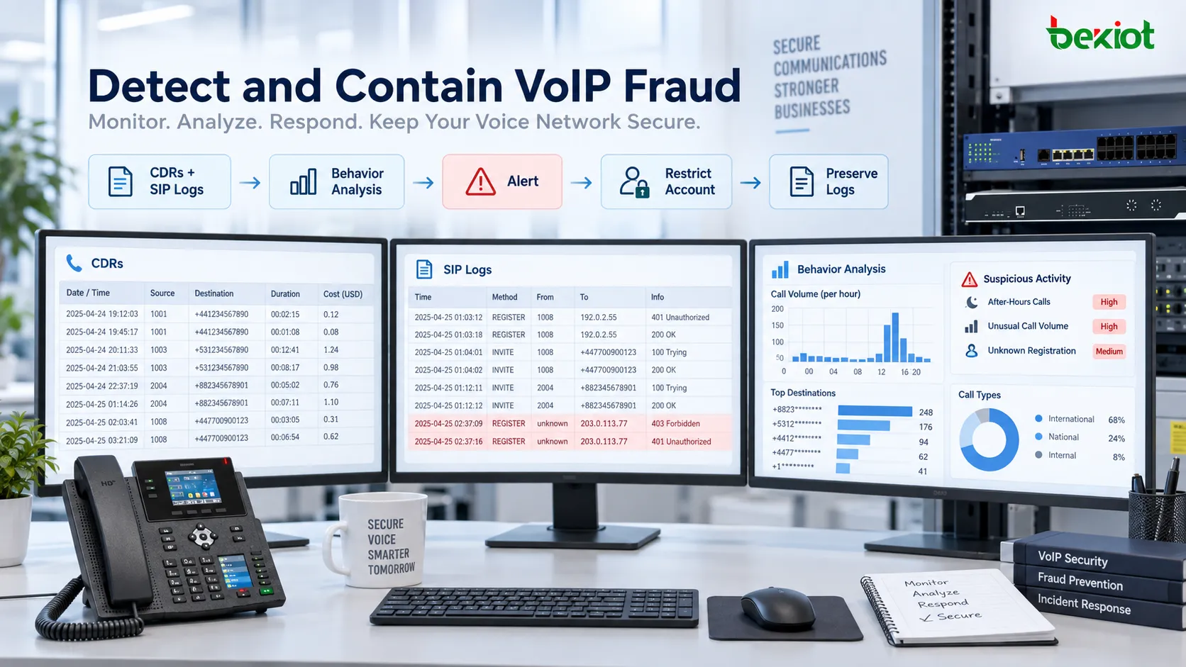 منصة أمن VoIP تجمع CDRs وسجلات SIP وتحليل السلوك وتنبيهات الشذوذ لاكتشاف المكالمات عالية الخطورة واحتواء الحوادث عبر تقييد الحسابات وسجلات الأدلة الجنائية الرقمية وإجراءات الاستجابة