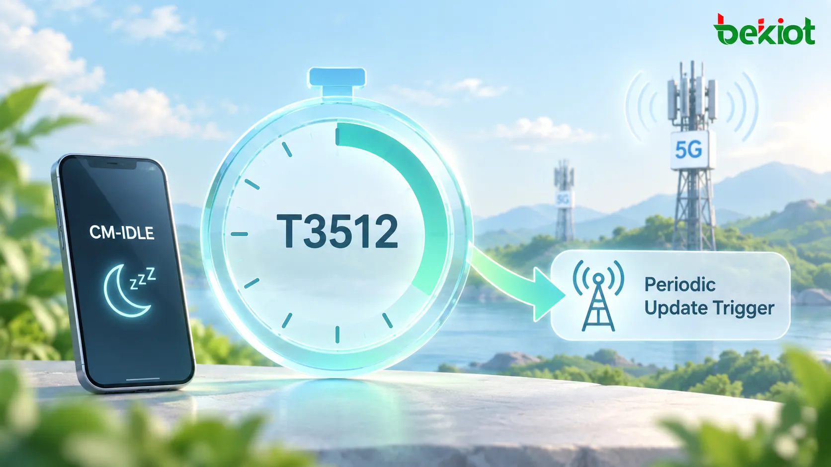 في تحديث التسجيل الدوري ضمن 5GC، يدخل UE إلى CM-IDLE بعد التسجيل ويستمر T3512 في العد، وعند انتهاء المؤقت يعيد UE إنشاء الإشارات ويبدأ تحديث التسجيل الدوري