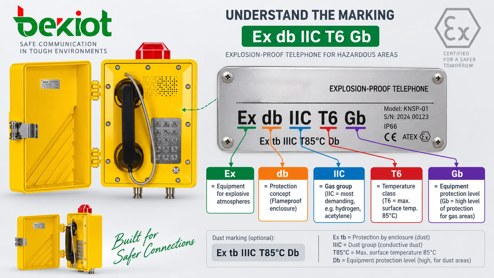 لوحة بيانات هاتف مقاوم للانفجار تفكك Ex db IIC T6 Gb إلى علامة Ex ومفهوم الحماية ومجموعة الغاز وفئة الحرارة ومستوى حماية المعدات للتحقق من الملاءمة في المناطق الخطرة