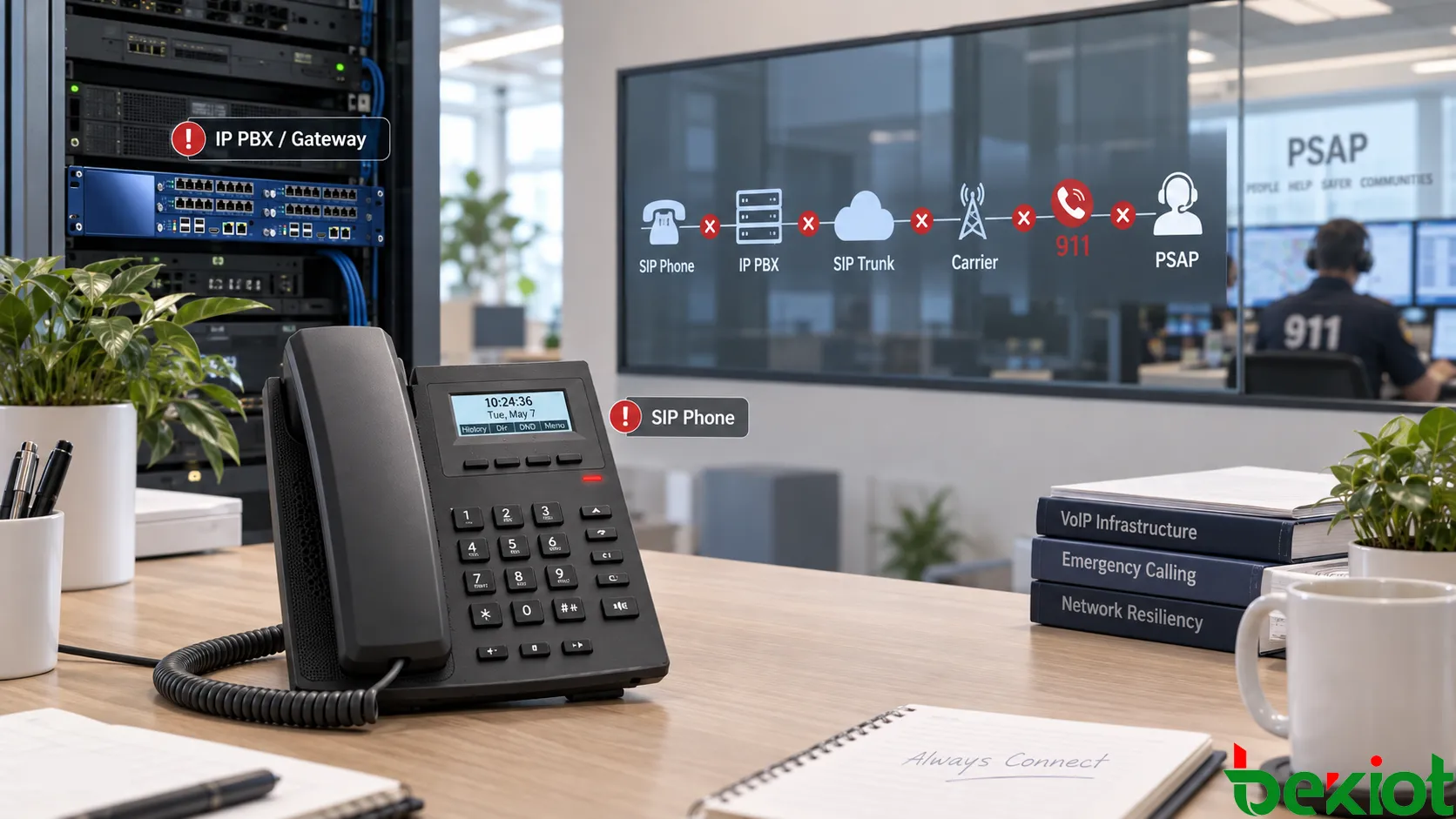 مسار مكالمة طوارئ VoIP من طرف إلى طرف يبدأ من هاتف SIP والشبكة المؤسسية وIP PBX وSIP Trunk، ويمر عبر شركة الاتصالات وتوجيه 911 إلى PSAP، مع إظهار نطاقات أعطال منفصلة للبيئة المحلية وشركة الاتصالات وخدمات الطوارئ
