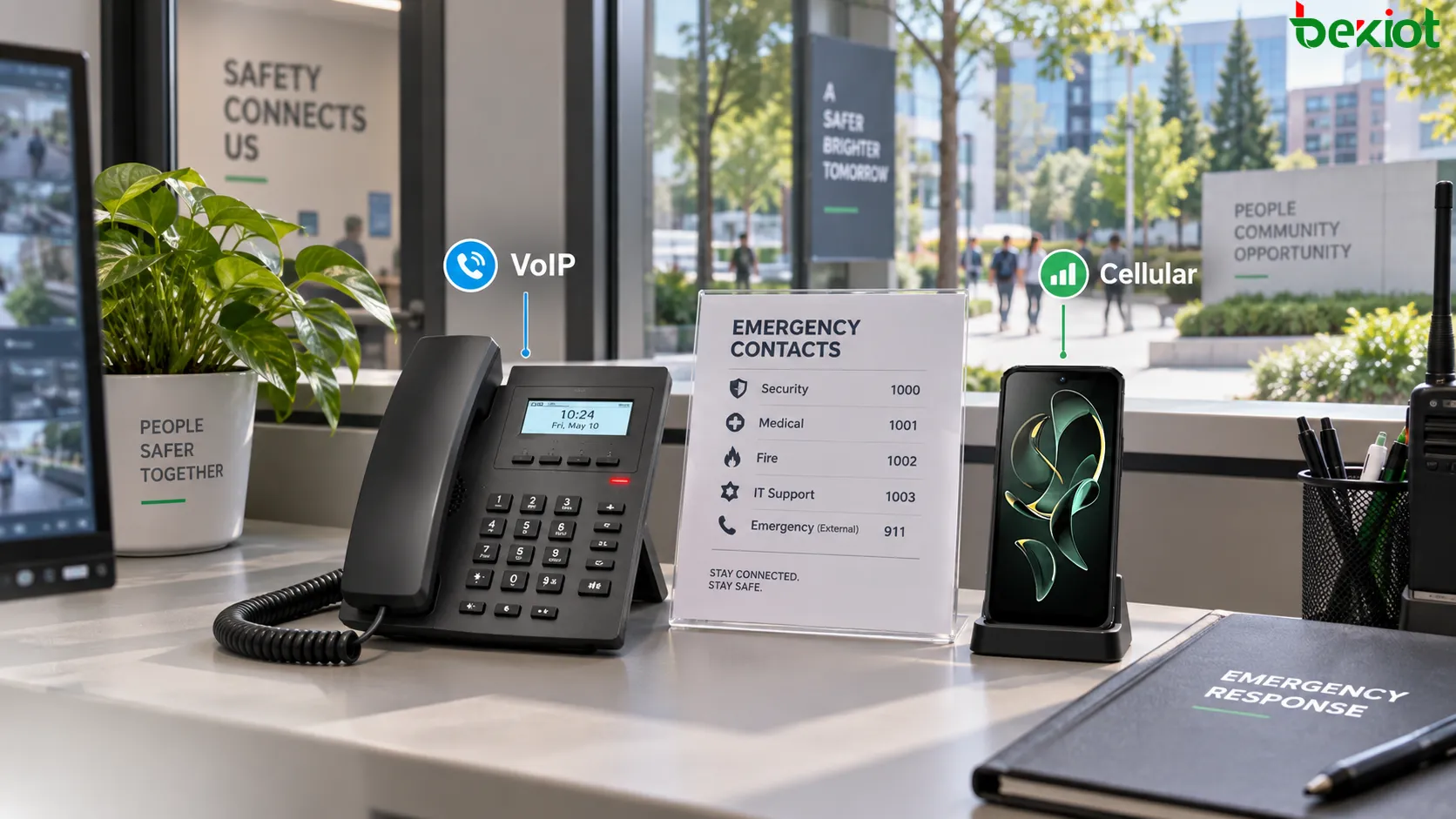 بنية متعددة المسارات لمكالمات الطوارئ عبر VoIP تستخدم الصوت الأساسي عبر SIP، وخدمة خلوية مستقلة، وشركات اتصالات بديلة، وهاتفًا ثابتًا احتياطيًا، وأرقام طوارئ محلية مع تقليل نقاط العطل المشتركة