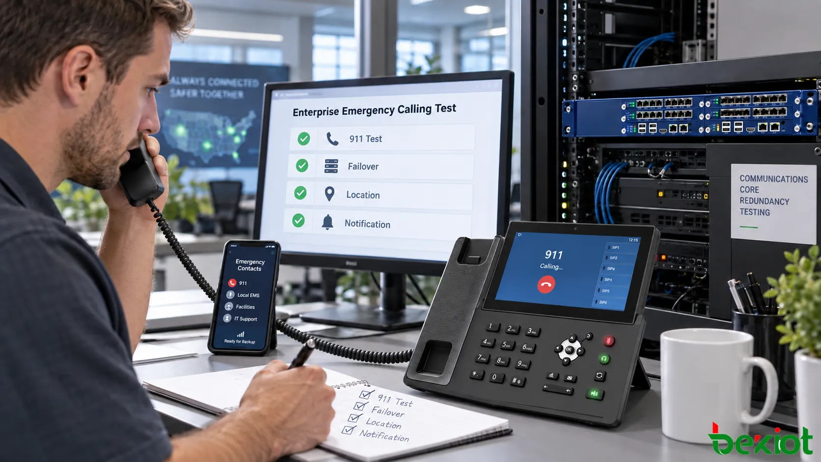 اختبارات قبول مكالمات الطوارئ عبر VoIP للمؤسسات، وتشمل موقع الطوارئ وتوجيه 911 وشركات الاتصالات البديلة وWAN الاحتياطية والتحويل عند تعطل خادم SIP وأرقام الطوارئ البديلة والإشعارات الداخلية للأمن