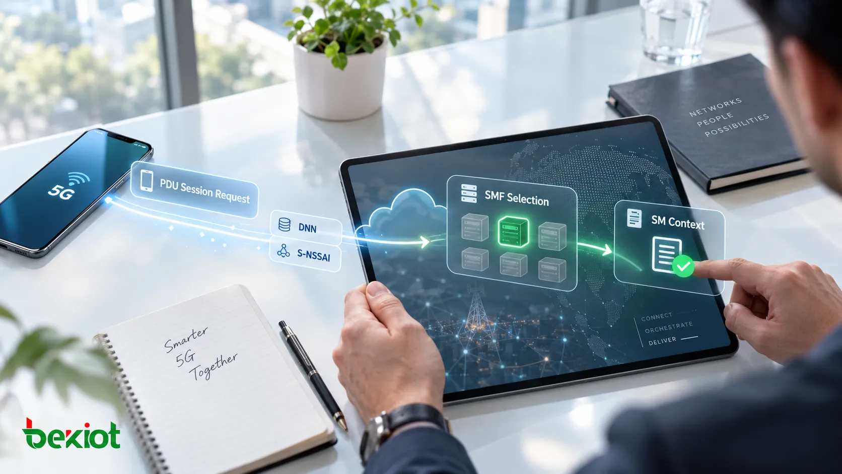 المرحلة الأولية من PDU Session Establishment في 5GC، حيث يرسل UE طلب PDU Session Establishment Request عبر gNB إلى AMF، ثم يكتشف AMF وظيفة SMF استناداً إلى DNN وS-NSSAI قبل إنشاء SM Context