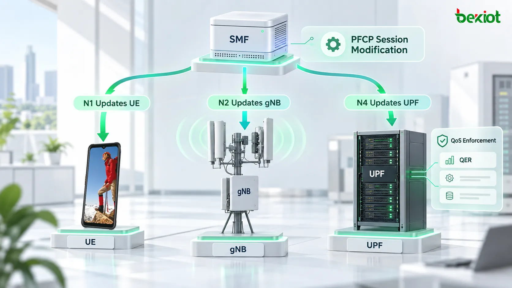تعديل جلسة PDU في 5GC باستخدام N1 لتحديث معلمات QoS في UE، وN2 لتعديل موارد QoS Flow في gNB، وN4 PFCP Session Modification لتحديث QER وقواعد تطبيق أخرى على مستوى المستخدم في UPF