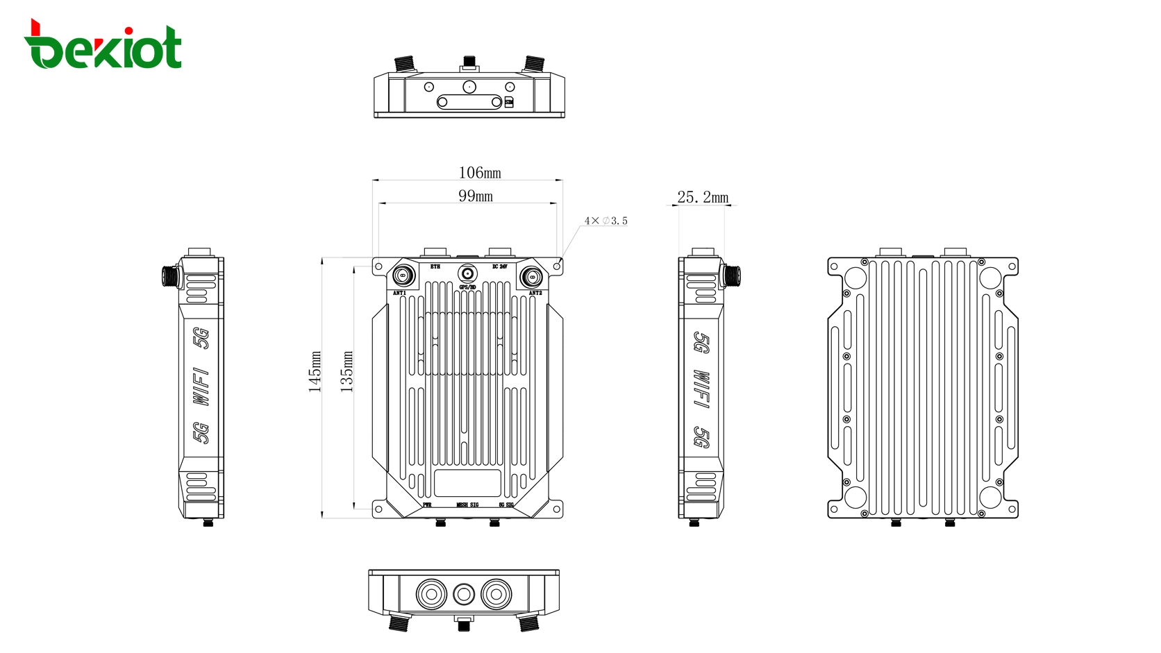 أبعاد وحدة MAB82 SDR MANET المحمولة جوًا 145 × 106 × 33 mm