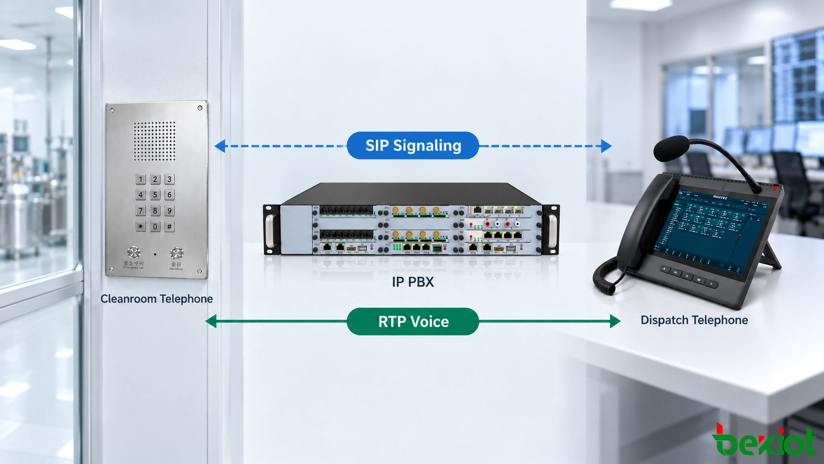 مسارات إشارات SIP ووسائط الصوت RTP بين هاتف الغرفة النظيفة ومقسم IP PBX وهاتف الإرسال