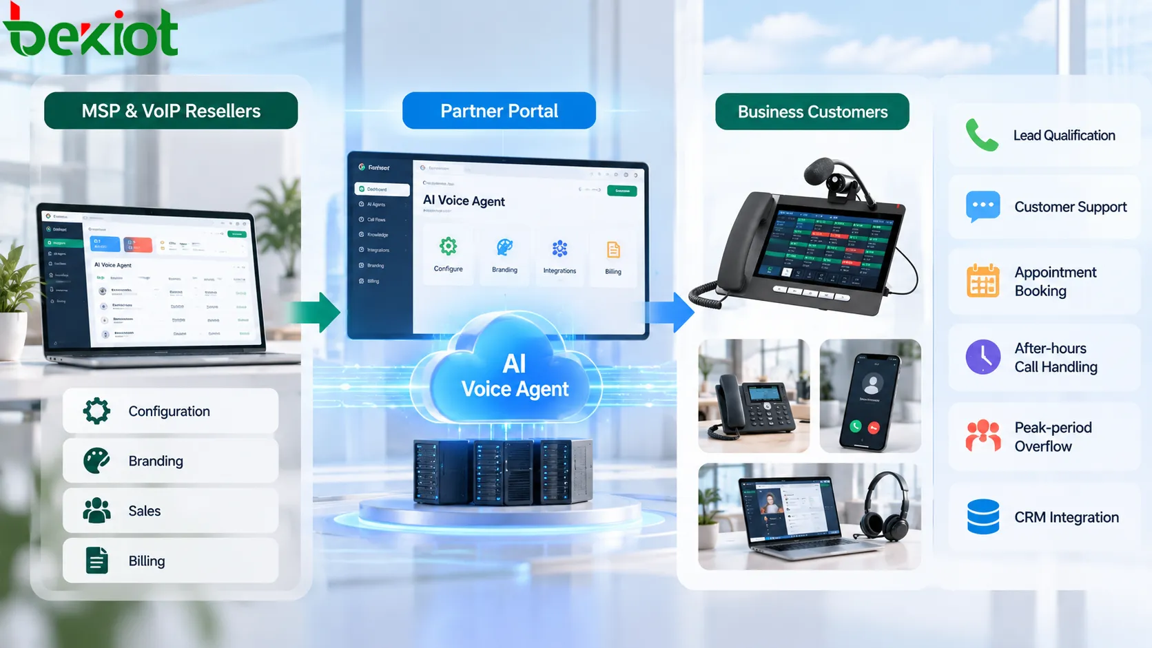 وكيل AI Agent من Voip Unlimited يُعدّه مزودو الخدمات المُدارة وموزعو VoIP ويضعون علاماتهم التجارية عليه ويفوترونه عبر Partner Portal قبل تقديمه للشركات كخدمة صوتية ذكية