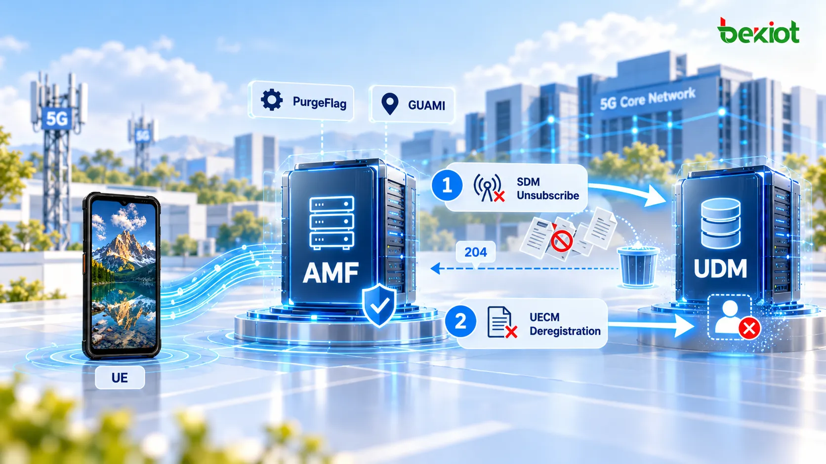 تطهير AMF في 5GC يزيل بيانات المشترك وسياق MM واشتراك SDM في UDM وتسجيل UECM بحيث لا يبقى سياق UE القديم محتفظًا به