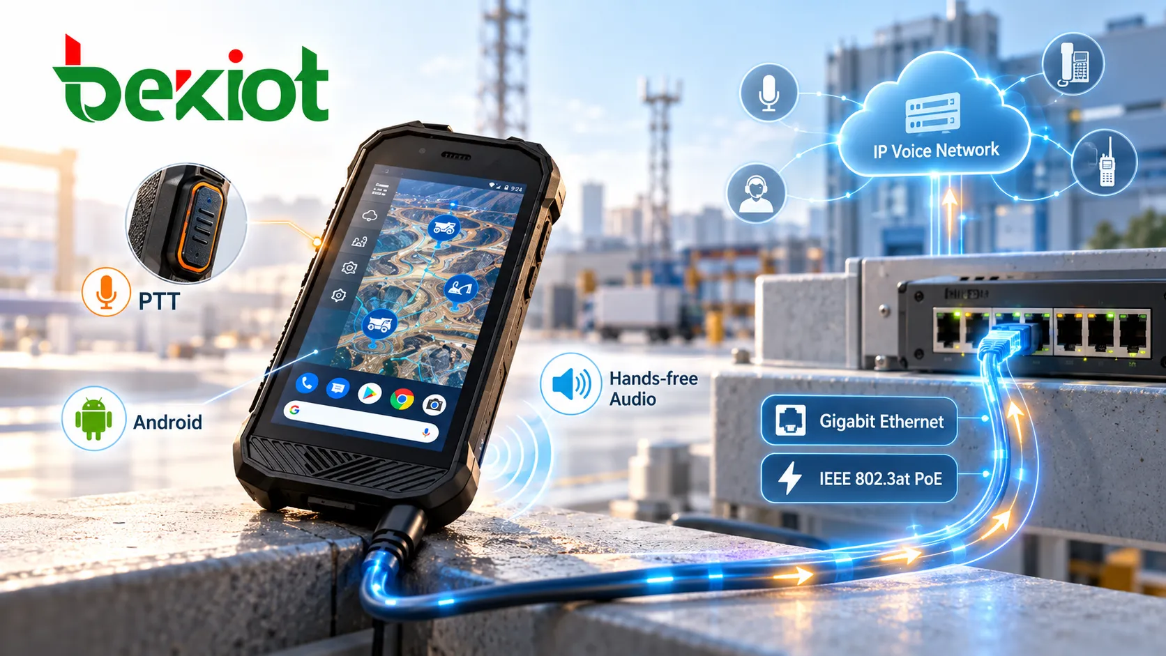 جهاز SVA 500 يتصل بشبكة صوتية عبر IP باستخدام إيثرنت جيجابت وتقنية IEEE 802.3at PoE، مع زر PTT فعلي وبرمجيات Android والاتصال الصوتي دون استخدام اليدين في المواقع الميدانية