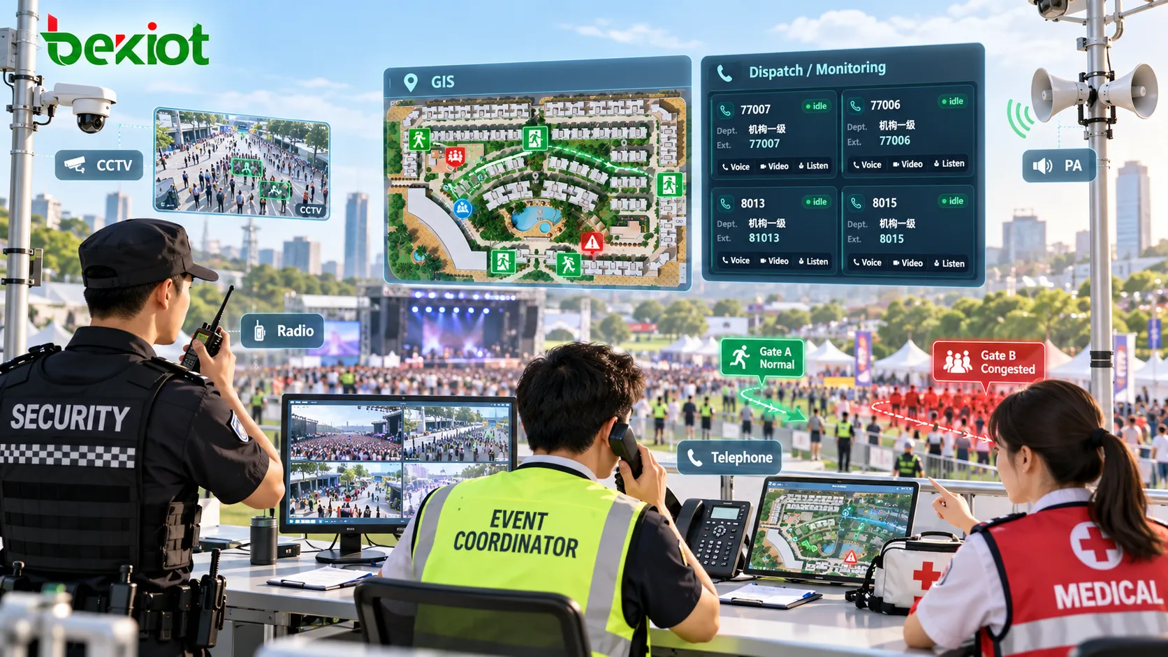 مركز قيادة لتجمع جماهيري يستخدم CCTV وخرائط GIS والاتصالات اللاسلكية والهاتف والنداء العام لمراقبة كثافة الحشود وحالة المخارج وتوجيه فرق الأمن والطب والميدان في الوقت الفعلي