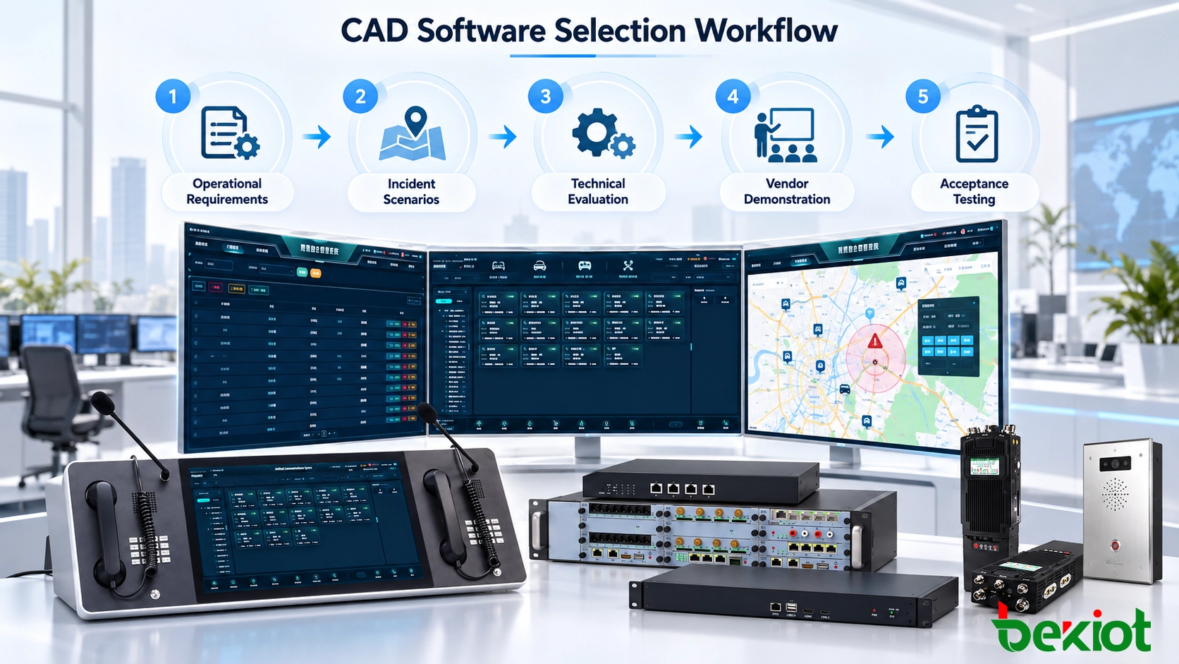 مخطط اختيار برنامج CAD يوضح المتطلبات التشغيلية وسيناريوهات الحوادث ومعايير التقييم واختبارات قبول المورّد