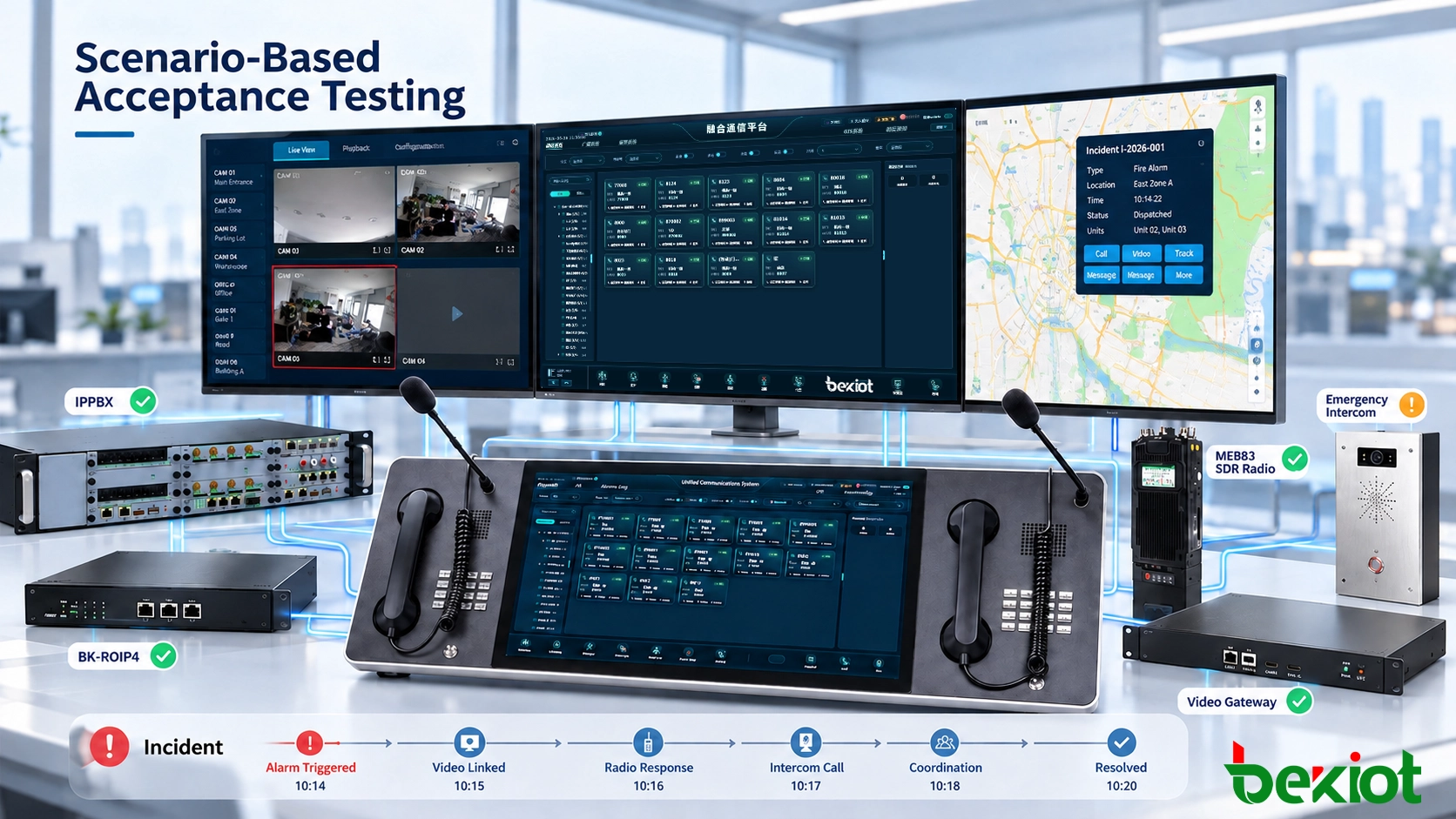 اختبار قبول CAD يعرض الخط الزمني للحادث ومواقع الموارد على GIS وتكليفات المرسل وحالة الواجهات أثناء محاكاة انقطاع الاتصال